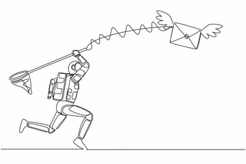 Poster - Continuous one line drawing of young astronaut try to catching flying mail with butterfly net. Message from spaceship exploration. Cosmonaut outer space. Single line graphic design vector illustration