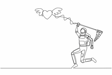 Poster - Single continuous line drawing young astronaut try to catching flying heart with butterfly net. Love relationship with space expedition. Cosmonaut deep space. One line draw design vector illustration