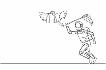 Poster - Single one line drawing young astronaut try to catch flying briefcase with butterfly net. High work performance spaceship company. Cosmic galaxy space. Continuous line draw design vector illustration