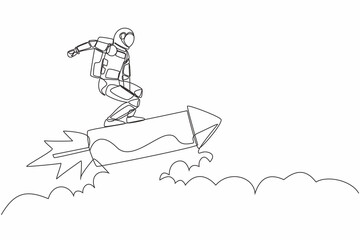 Poster - Single continuous line drawing young astronaut standing astride rocket and flying through the air. Future space industry. Cosmonaut deep space concept. One line draw design vector graphic illustration