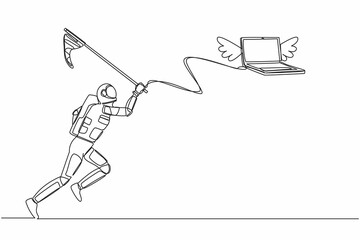 Poster - Single continuous line drawing young astronaut try to catching flying laptop with butterfly net. System data computing for spaceship company. Cosmonaut deep space. One line design vector illustration