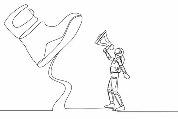Poster - single one line drawing of young astronaut speaking with megaphone under giant shoe. boot of army ma