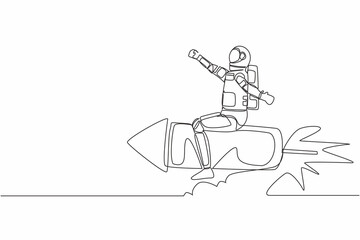 Poster - Single one line drawing of young astronaut flying high riding firework rocket in moon surface. Future spaceship technology development. Cosmic galaxy space. Continuous line design vector illustration