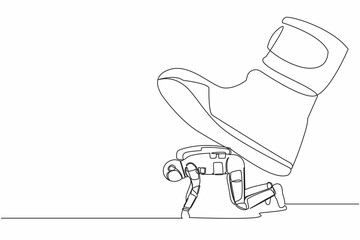Poster - Single continuous line drawing of young astronaut crawling under giant foot trample. Spaceman oppressed by the boss with under big shoe. Cosmonaut deep space. One line draw design vector illustration