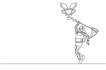 Poster - Single one line drawing of young astronaut try to catching flying trophy with butterfly net. Victory and award for galactic exploration. Cosmic galaxy space. Continuous line design vector illustration