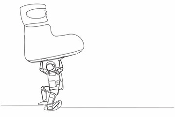 Poster - Continuous one line drawing young astronaut under giant feet stomping. Violence of dictator toward tiny spaceman, big shoes crush science. Cosmonaut outer space. Single line design vector illustration