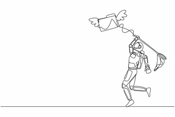 Poster - Continuous one line drawing astronaut try to catch flying folder icon with butterfly net. Analysis spaceship document, file archive. Cosmonaut outer space. Single line draw design vector illustration