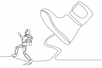 Aufkleber - Continuous one line drawing young astronaut run away from stomping foot. Spaceman oppressed by boss with under big shoe. Cosmonaut outer space concept. Single line graphic design vector illustration