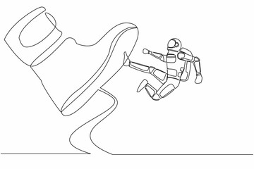 Poster - Continuous one line drawing young astronaut kick giant foot stomp in moon surface. Spaceman doing flying kick to big boot. Cosmonaut outer space concept. Single line graphic design vector illustration