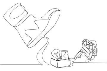 Poster - Single continuous line drawing young astronaut sitting on the floor near office supplies under big foot stomp. Unemployment, dismissal. Cosmonaut deep space. One line draw design vector illustration