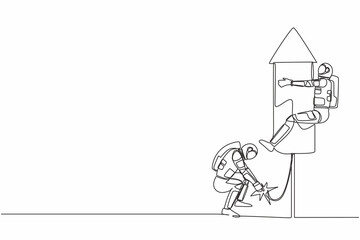 Poster - continuous one line drawing young astronaut ignite firework rocket while his teammates prepare to fl