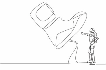 Poster - Continuous one line drawing young astronaut facing against giant shoes stomping. Spaceman pointing against giant foot step. Cosmonaut outer space. Single line draw graphic design vector illustration