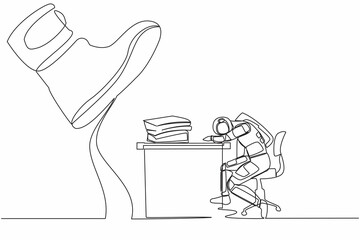 Poster - Single one line drawing young astronaut sleeping on pile of paper on desk under big foot stomp. Overworking, stress, overload. Cosmic galaxy space concept. Continuous line design vector illustration