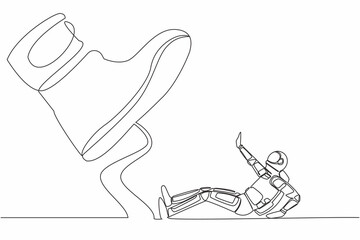 Poster - Single continuous line drawing of young astronaut under giant foot in moon surface. Big boss foot in shoe going to crush science. Cosmonaut deep space. One line draw design vector graphic illustration