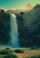 A lush jungle with a vibrant waterfall. Mist and dew drops. Fantasy forest. Garden of Eden.