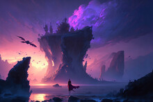 Fantasy Fable Shattered Purple Landscape, Digital Art. Fantasy Landscape, Vibrant Color.