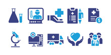 Medical And Healthcare Icon Set. Bold Icon. Duotone Color. Vector Illustration. Containing Lab, Screening, Health Insurance, Clipboard, Medical, Microscope, Computer, Delivery, Heart Insurance Symbol.