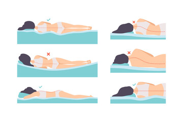 Poster - Man and Woman Lying in Correct and Incorrect Sleeping Pose for Neck and Spine Vector Set