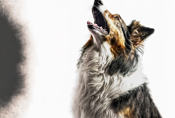 Boder Collie dog howling in annoyance and fury, isolated on white. Generative AI