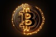 Golden bitcoin logo, futuristic digital money, technology worldwide network concept. bitcoin logo made of small lights by generative ai illustration