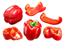 Red Bell Pepper (Capsicum Annuum Fruit), Whole Pods And Slices, California Wonder Variety Isolated Png