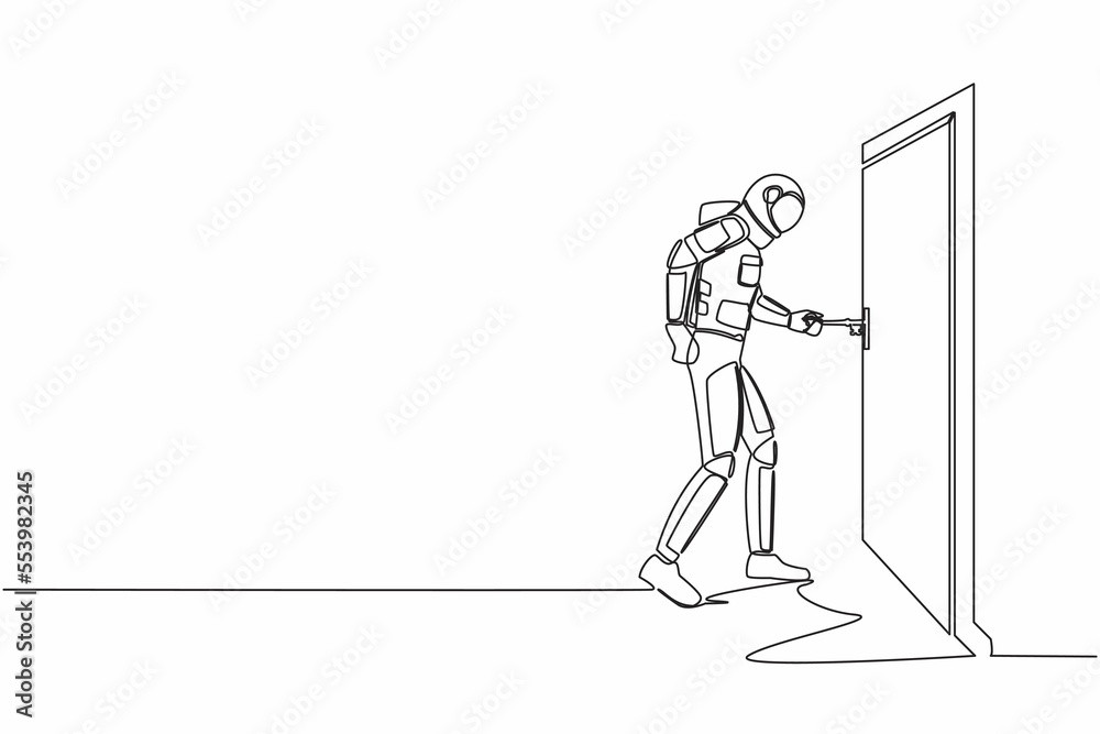 Single one line drawing astronaut insert key into keyhole which is on the door. Spaceman open office room door in moon surface. Cosmic galaxy space. Continuous line graphic design vector illustration