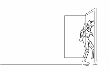 Poster - Single one line drawing young astronaut enters room through door. Spaceman walking to opened door. Starting new day at office. Cosmic galaxy space. Continuous line graphic design vector illustration