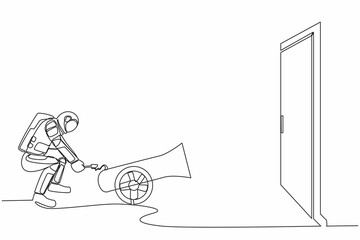 Poster - Single continuous line drawing of young astronaut ignites cannon in front of door and destroying door. Eliminating barrier of entries. Cosmonaut deep space. One line graphic design vector illustration