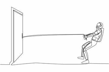 Poster - Continuous one line drawing young astronaut pulling rope to drag door, metaphor to facing big problem. Space exploration struggle. Cosmonaut outer space. Single line graphic design vector illustration