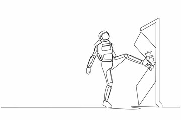 Poster - single one line drawing young astronaut kicks door until door shattered in moon surface. spaceman ki