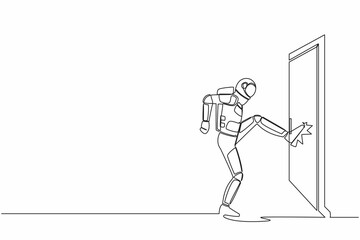 Poster - Continuous one line drawing of astronaut kicks door closed with his leg. Aggressive space business approach. Expedition struggles. Cosmonaut outer space. Single line graphic design vector illustration