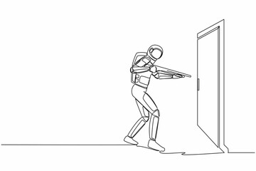 Poster - Single one line drawing of young astronaut pointing shotgun at doorknob. Space business breakthrough struggle. Power to succeed. Cosmic galaxy space. Continuous line graphic design vector illustration