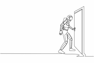 Poster - Single one line drawing young astronaut holding door knob in moon surface. Entering room in space company office building. Cosmic galaxy space. Continuous line draw graphic design vector illustration