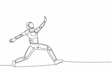 Poster - Single continuous line drawing happy astronaut jumping with spread both leg and raise one hand. Celebrating successful spaceship mission. Cosmonaut deep space. One line draw design vector illustration