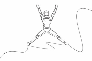 Poster - Continuous one line drawing happy astronaut jumping with raised his arms and legs. Successful in spaceship business project. Cosmonaut outer space. Single line draw graphic design vector illustration