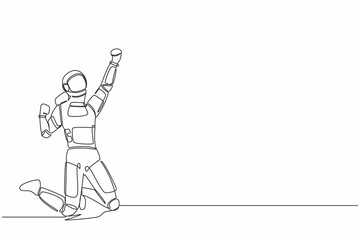 Poster - Single one line drawing young astronaut kneeling with raised one hand high and raised other. Happy with spaceship exploration. Cosmic galaxy space. Continuous line graphic design vector illustration