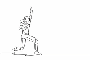 Poster - Continuous one line drawing happy astronaut standing with raise one hand and the other hand pose yes. Successful in space company. Cosmonaut outer space. Single line graphic design vector illustration