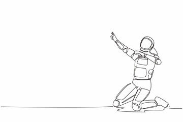Poster - Single one line drawing happy astronaut kneeling with celebrating goal pose. Successful spaceship business project. Cosmic galaxy space concept. Continuous line draw graphic design vector illustration