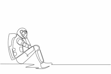 Poster - Continuous one line drawing young astronaut sitting on the floor with cover his face, feeling sad due to cosmic journey failure . Cosmonaut outer space. Single line graphic design vector illustration