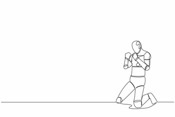 Poster - Single one line drawing of happy robot kneeling with both hands yes gesture. Success business goal target. Artificial intelligence. Technology industry. Continuous line draw design vector illustration
