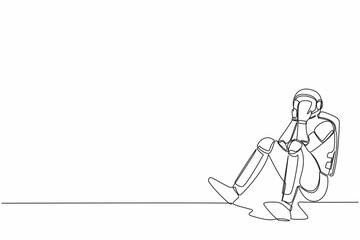 Poster - Single one line drawing young astronaut cover his face by hands and sitting on the floor. Sad due to spaceship company bankruptcy. Cosmic galaxy space. Continuous line draw design vector illustration