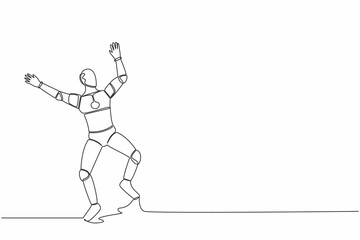 Poster - Continuous one line drawing happy robot jump with both hands raised. Successful in tech business project. Humanoid cybernetic organism. Future robotic. Single line graphic design vector illustration