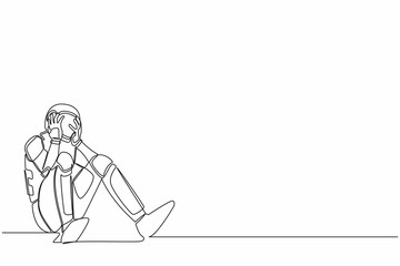 Poster - single continuous line drawing of astronaut sitting on the floor with holding his head. feeling sad 