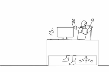 Poster - Single one line drawing happy robot sitting with raised hands near desk computer. Successful business. Artificial intelligence. Technology industry. Continuous line graphic design vector illustration