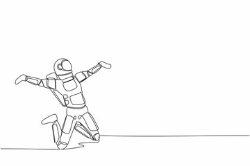 Poster - Single continuous line drawing of happy astronaut jumping with raised legs and spread arms. Celebrate successful in spacewalk project. Cosmonaut deep space. One line graphic design vector illustration