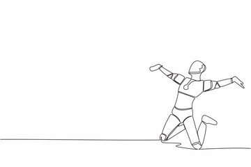 Poster - Single continuous line happy robot jumping with raised legs and spread arms. Future technology development. Artificial intelligence machine learning process. One line draw design vector illustration