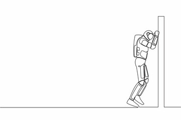 Poster - Continuous one line drawing of astronaut depressed with wailing on the wall, crying sad lost opportunity in spacecraft expedition. Cosmonaut outer space. Single line graphic design vector illustration
