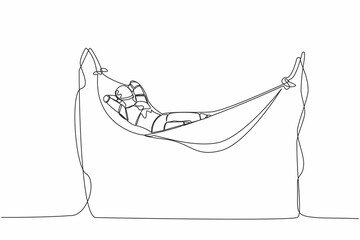 Poster - Single one line drawing happy robot lying and sleeping in hammock. Comfort, vacation, and recreation. Artificial intelligence. Technology industry. Continuous line graphic design vector illustration