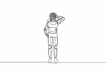 Poster - Continuous one line drawing of astronaut with round scribbles instead of head. Doubting spaceman. Memory, searching and thinking. Cosmonaut outer space. Single line graphic design vector illustration