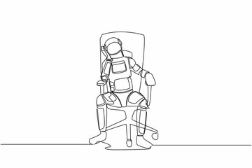 Poster - single continuous line drawing young astronaut sitting at office chair, feeling stressed due to worm